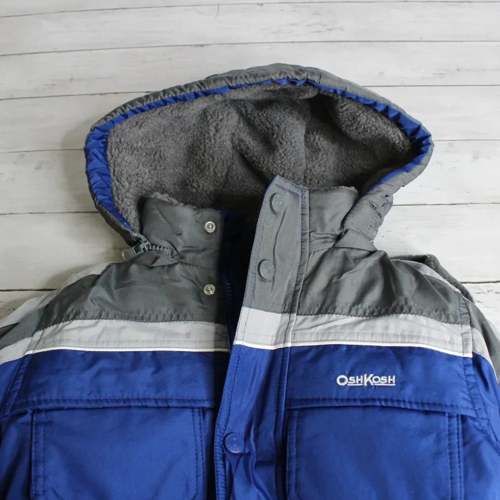 Oshkosh Boy's Hooded Winter Coat Youth Size S 4 Blue Gray Fleece Lined